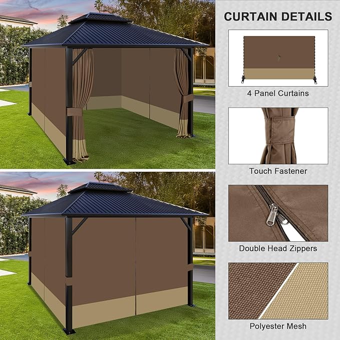 Aoodor 10x12 ft Outdoor Gazebo Curtains, 4 Panels Waterproof Privacy Sidewall Replacement with Zipper for Patio Pergola and Canopy, Brown and Khaki
