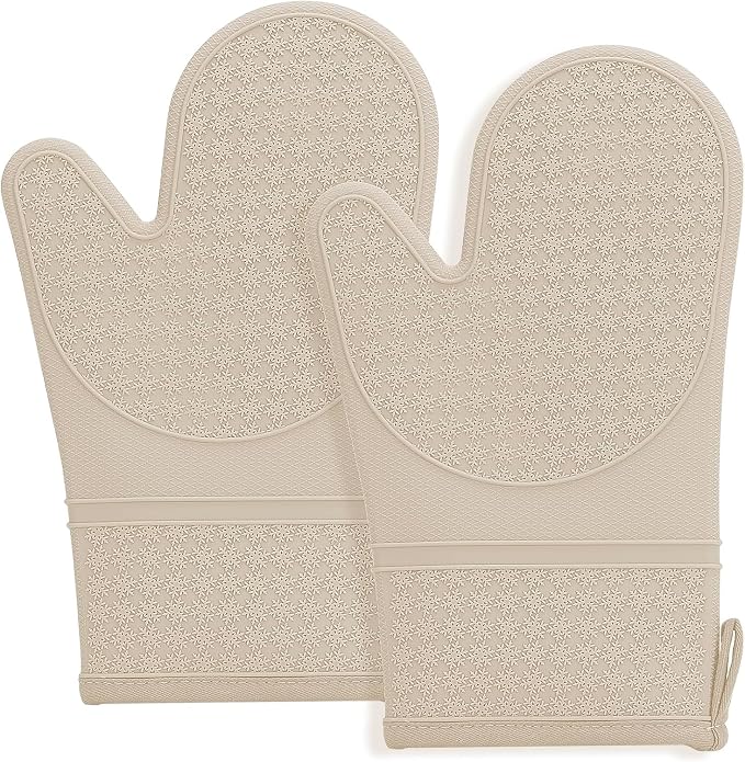 Hovico Silicone Oven Mitts, Heat Resistant 500F Kitchen Mitts 2PCS, 11.6" BPA-Free Soft Baking Gloves, Non-Slip Grip Oven Gloves with Soft Cotton Lining for Kitchen Cooking Baking BBQ - Apricot