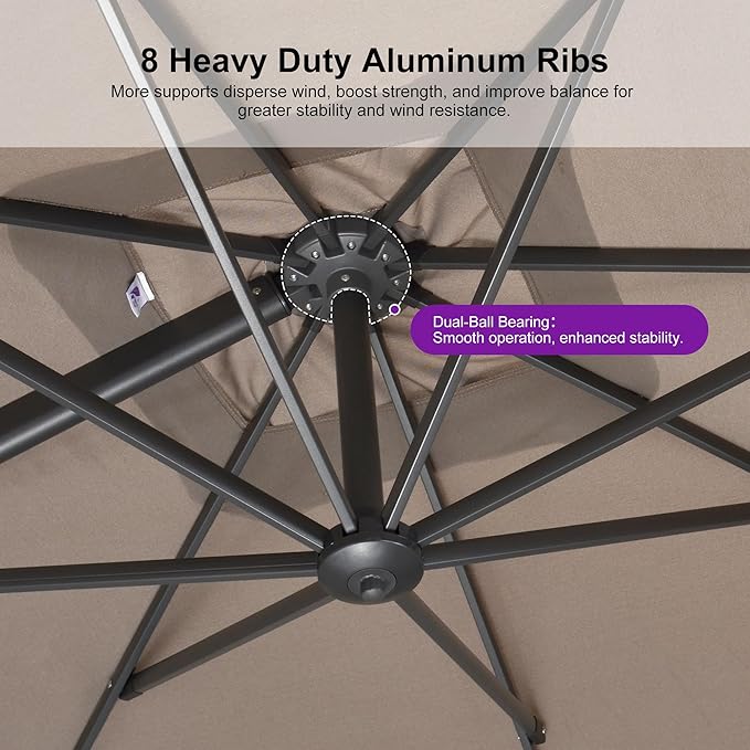 PURPLE LEAF Patio Umbrella 10' X 13' Rectangle Umbrella with Central Lights and Base Large Aluminum Outdoor Umbrellas with 360-degree Rotation & UPF40+ Fabric for Deck Pool Garden Yard, Ash Mocha