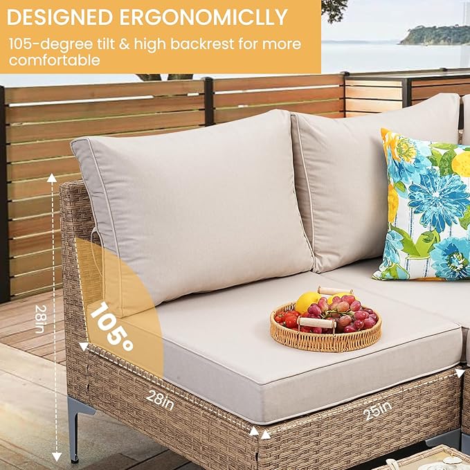 7 Piece Patio Furniture Set, Wicker Modular Outdoor Furniture with Thicker Cushions, Outdoor Couch Sofa for Garden, Poolside, Backyard, Beige