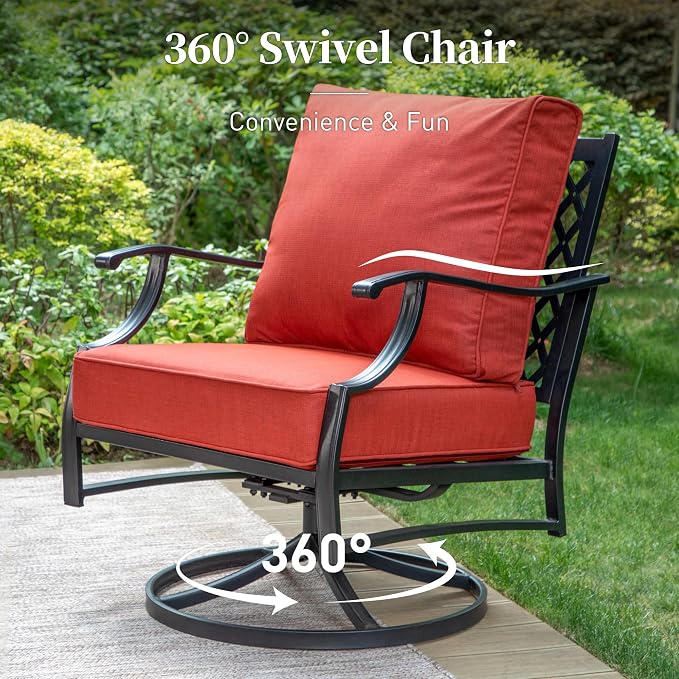 SUNSHINE VALLEY 5 Piece Metal Outdoor Patio Furniture Set with Fire Pit Table, Patio Conversation Sets 4 Swivel Chairs with 5.75" Thick Cushion and 5000 BTU Fire Pit Table, Backyard Furniture, Red