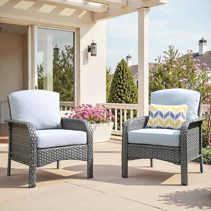 2 PCS Outdoor Patio Furniture Set with Thickened Cushions, All-Weather Rattan Wicker Outdoor Conversation Set for Porch,Backyard,Balcony,Grey
