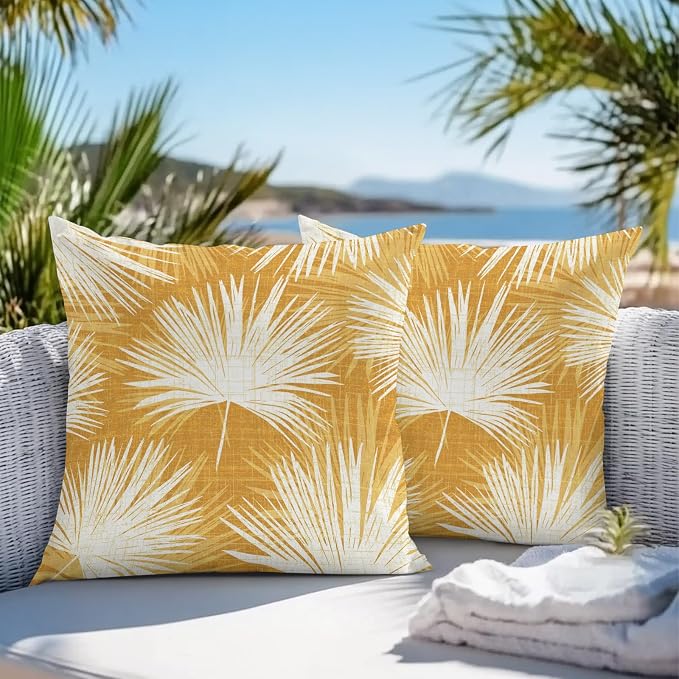 Throw Pillow Covers 18x18 Inch Set of 2, Golden Yellow Palm Leaves Waterproof Outdoor Pillow Covers, Summer Tropical Botanical Decorative Cushion Pillowcases for Couch, Sofa, Bed, Garden, Patio