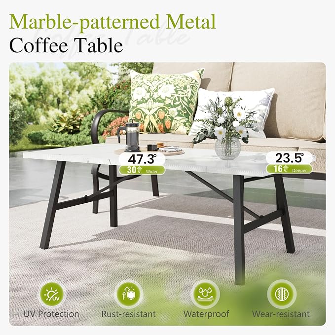 Sophia & William Patio Furniture Sets 5 Seats Outdoor Metal Conversation Sets 4 Pcs with 2 x Cushioned Swivel Sofa Chairs,1 x 3-Seat Sofa, 1x Marbling Metal Coffee Table Lawn Backyard Poolside Beige
