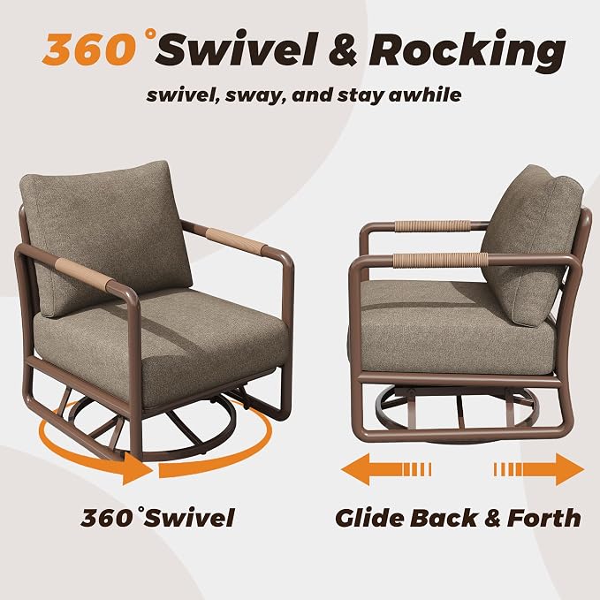 3-Piece Aluminum Patio Furniture Set, Outdoor Swivel Rocking Chairs with 6.5" Thick Cushions & Coffee Table, All-Weather Rust-Resistant Frame Conversation Set for Porch, Garden, Backyard, Brown