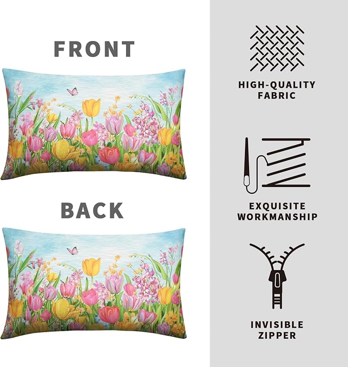 Tulip Lumbar Pillow Covers 12x20 Set of 2 Spring Throw Pillow Covers Pink Yellow Tulip Floral Outdoor Pillowcase Watercolor Cotton Linen Cushion Case for Sofa Outdoor Patio