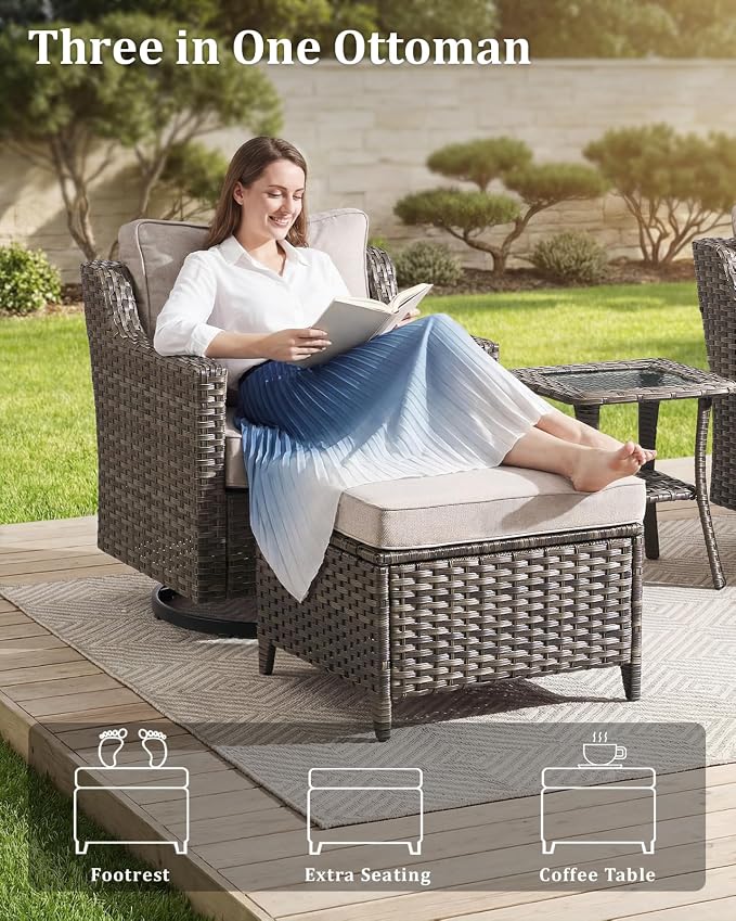 Outdoor Furniture Set of 9, Patio Sofa with Luxury 4" Cushion, Wicker Swivel Rocker Patio Chairs, and Fire Pit Table, High Back&Deep Seat for Garden Deck Porch Balcony Backyard - Beige
