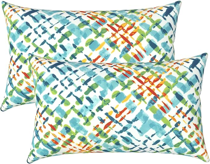LVTXIII Outdoor/Indoor Lumbar Pillows, Decorative Patio Lumbar Cushions, Fluffy Water Repellent Garden Cushions for Home Patio Coach Sofa Use, 12×20 Inch, Pack of 2, Acapa Opal Geometric