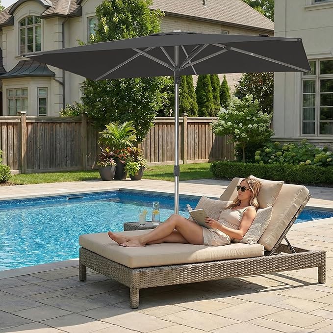 PURPLE LEAF 9 X 12 FT Commercial Rectangle Patio Market Umbrella Semi Auto Heavy Duty 1.9" Aluminum Pole 8 Sturdy Ribs for Restaurant Cafe Hotel Outdoor Dining Resort Cafes Bulk Order Deck Pool Garden Grey