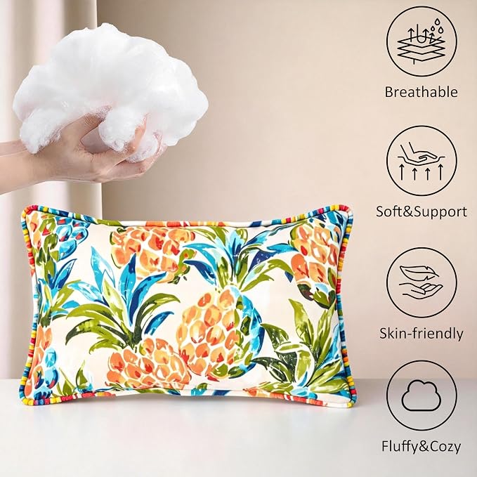 outdoor lumbar pillows 12x20 throw pillow set of 4 Fade Resistant&Water Resistant decorative lumbar pillows for Patio,Garden,Couch,Furniture,Sofa,Bed,Living Room,Tropical Tangerine Pineapple