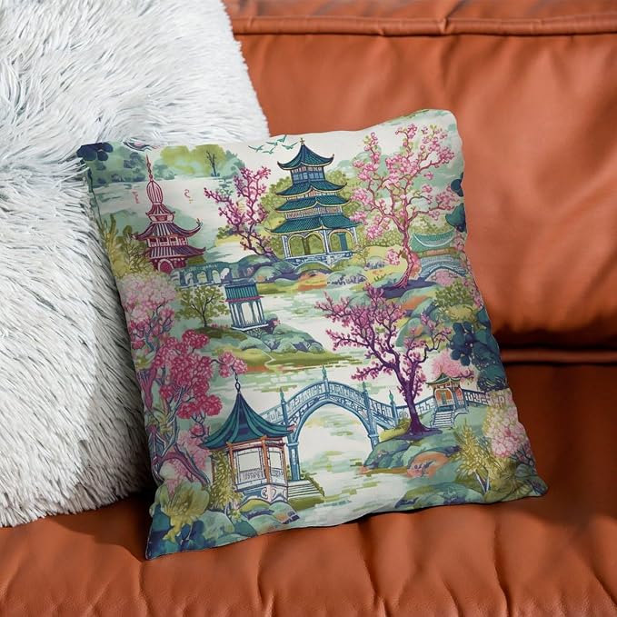Throw Pillow Covers Chinoiserie Pagoda White Coral Blue Asian Pillows Retro Chinoiserie Chic Asian Pillow Cover Accent Outdoor Garden Decoration for Bedroom Sofa Bench Porch 18x18 in