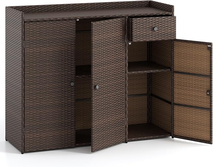 HAPPYGRILL Outdoor Rattan Wicker Deck Box Storage Cabinet, Patio Sideboard Buffet Cabinet with Adjustable Shelves and Drawer, Outside Console Bar Table for Garden Poolside