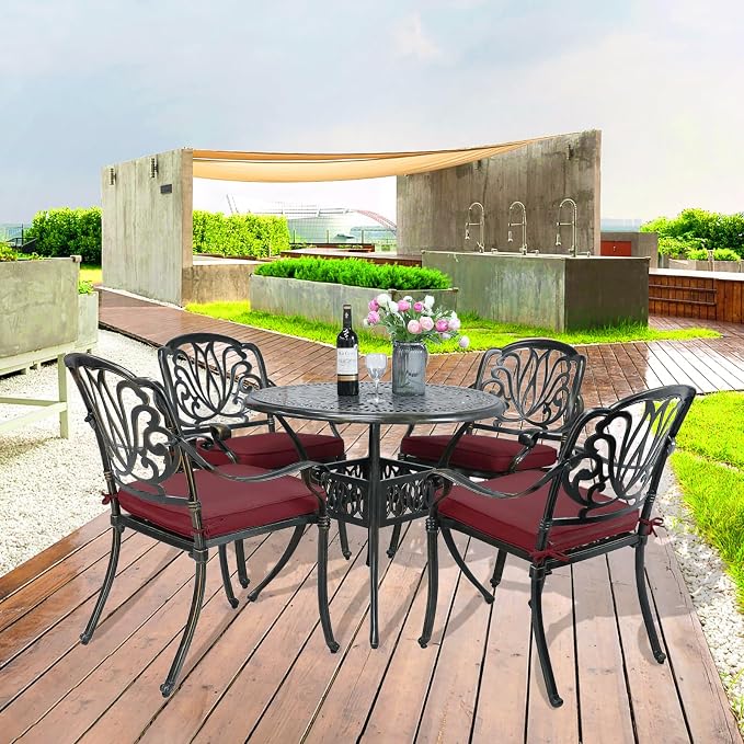 VIVIJASON 5-Piece Outdoor Patio Dining Set, All-Weather Cast Aluminum Conversation Set, Patio Furniture Set for Backyard, Include 4 Cushioned Chairs, a 35.4" Round Table w/Umbrella Hole, Red Cushion