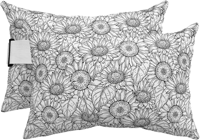 Outdoor Pillows Covers with Inserts Sunflower Rustic Flower Black Lines Waterproof Recliner Pillow with Adjustable Strap Throw Pillows for Patio Furniture Pool Lounge Chair, 12x20 inch, 2PCS