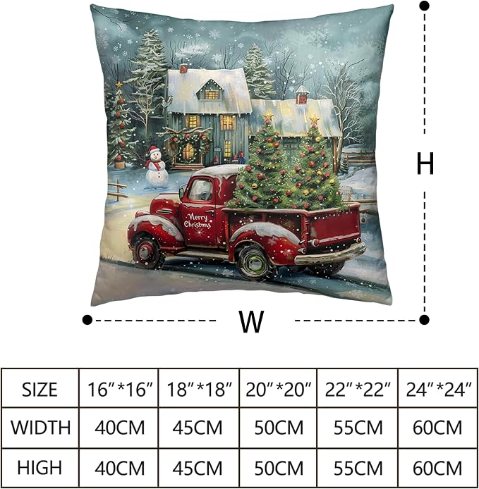 Red Truck Christmas Pillow Covers 18x18 Set of 2 Merry Christmas Pillow Case Xmas Tree Cabin Snowman Cushion Case for Winter Holiday Decorations Couch Bedroom