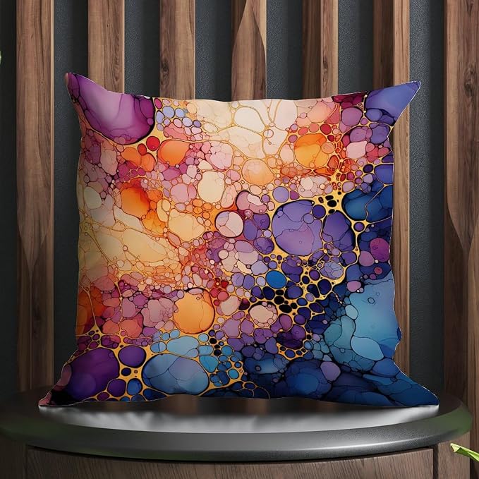 Throw Pillow Covers Ink Rainbow Shapes with Gold Cushion Cover Abstract Abstract Alcohol Ink Textures Pillow Cover Accent Outdoor Waterproof Decorative Pillow Cover for Patio 20x20 in