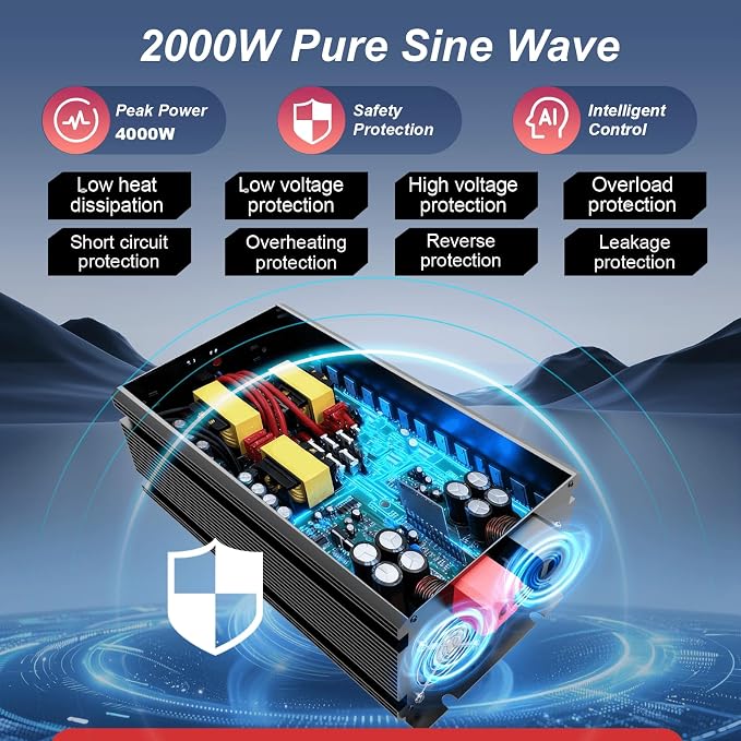2000W Power Inverter 24V to 110V 120V AC Pure Sine Wave Inverter for RV Truck Camping,Outdoor Off-Grid Power Converter with LCD Display,Wired Controller,AC Outlets USB Ports(24V-2000Watts)