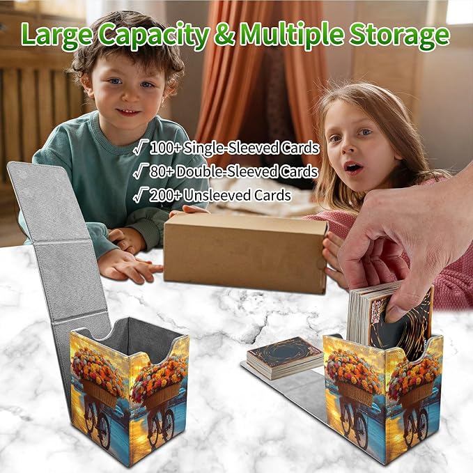 Flower Bike Card Deck Box for MTG, Personalized Card Storage Case Fits 120+ Sleeved Cards, Premium Leather TCG Box with Strong Magnetic Closure for Magic, CCG, PTCG, Baseball Cards