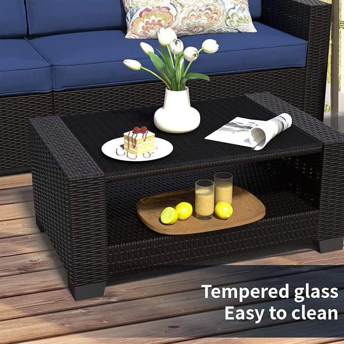 SHGJ&SOFT 7 Piece Outdoor Patio Furniture Set, Wicker Outdoor Sectional Sofa with Washable Cushion Covers and Tempered Glass Table, Rattan Conversation Set for Poolside,Balcony, Porch, Garden