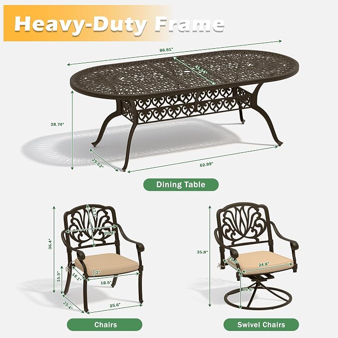 9-Piece Outdoor Dining Set, Retro Bronze Cast Aluminum Patio Furniture Include 86.6" Oval Table and 8 Fixed Chairs with Cushion and Umbrella Hole for Patio Deck Garden