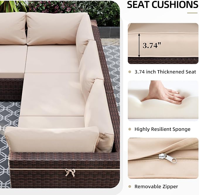 UPHA 9 Pieces Patio Furniture Sets, Wicker Outdoor Sectional Sofa Couch with Coffee Table, Patio Conversation Set for Deck Backyard Garden, Brown Rattan, Beige Cushion