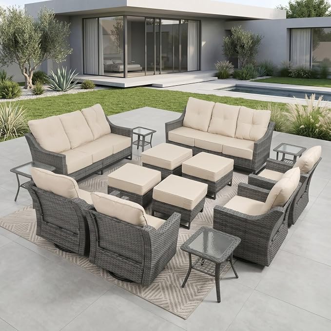 12-Piece Outdoor Patio Furniture Set, Grey Wicker Conversation Set with 2 Sofas, 4 Swivel Chairs, 4 Ottomans and 2 Side Tables, 6-Inch Beige Cushions for Deck, Backyard, Poolside