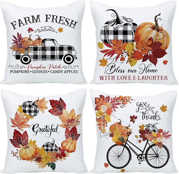 16x16 Outdoor Pillow Covers Buffalo Plaid Fall Decor Set of 4 Pumpkin Farmhouse Harvest Decorations Farm Truck Square Throw Cushion Case for Fall Thanksgiving Home Decorative Pillows Cover