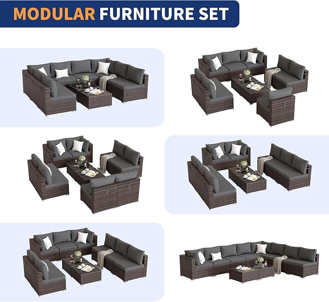 Patio Furniture Set, Modular 10-Piece Patio Conversation Sets with Coffee Table, All-Weather Wicker Outdoor Sectional for Backyard and Balcony, Grey (Waterproof Covers Included)
