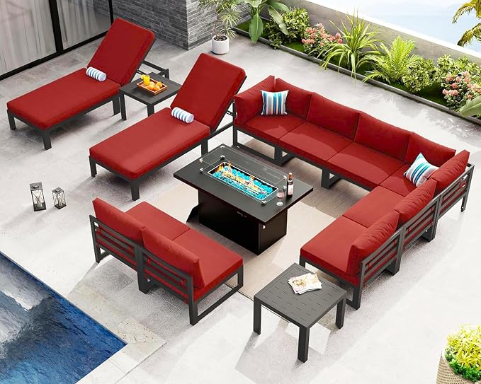 NICESOUL 13 Pcs Aluminum Patio Sectional Furniture Set with Lounge Chair & Fire Pit Table, 500 lbs Heavy Duty Anti-Rust Outdoor Couch, 29" Deep Wide Seat, High End Conversation Sofa for Poolside, Red