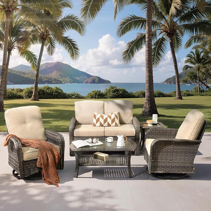 5-Piece Outdoor Patio Furniture Set with Swivel Chairs, Outdoor Conversation Wicker Sofa with Coffee Table, Rattan Couch for Deck Yard Poolside, Beige