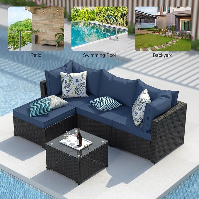 GOJOOASIS Patio Furniture Set Outdoor Sectional Sofa with Ottoman Wicker Couch Rattan Modular Seating Conversation Sets Porch Decor for Backyard, Balcony, Garden (Blue B)