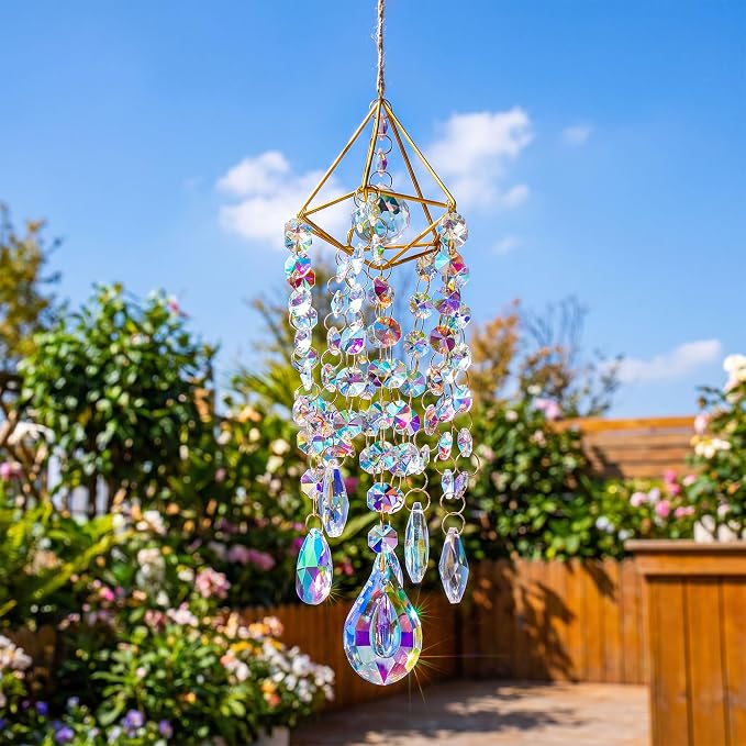 Crystal Suncatcher for Windows Hanging Glass Wind Chimes Whimsical Decor | Hand-plated,Prism Sun Catcher with Crystals,Rainbow Maker for Ceiling Garden Home Indoor Outdoor,Gift For Women