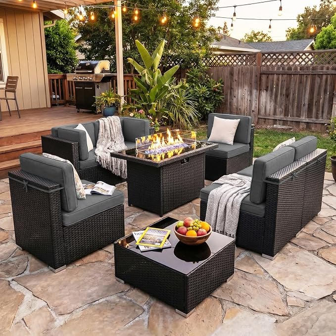 8 Pieces Patio Furniture Set with 44" Propane Gas Fire Pit Table, Outdoor Sectional Wicker Conversation Sofa Sets with Coffee Table