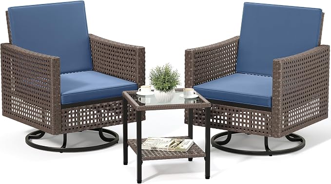 YITAHOME 3 Pieces Swivel Patio Set w/2.8" Thickened Cushions, All Weather Wicker Patio Furniture Set w/Patio Rocking Chairs & Rattan Side Table for Backyard Deck Poolside, Blue