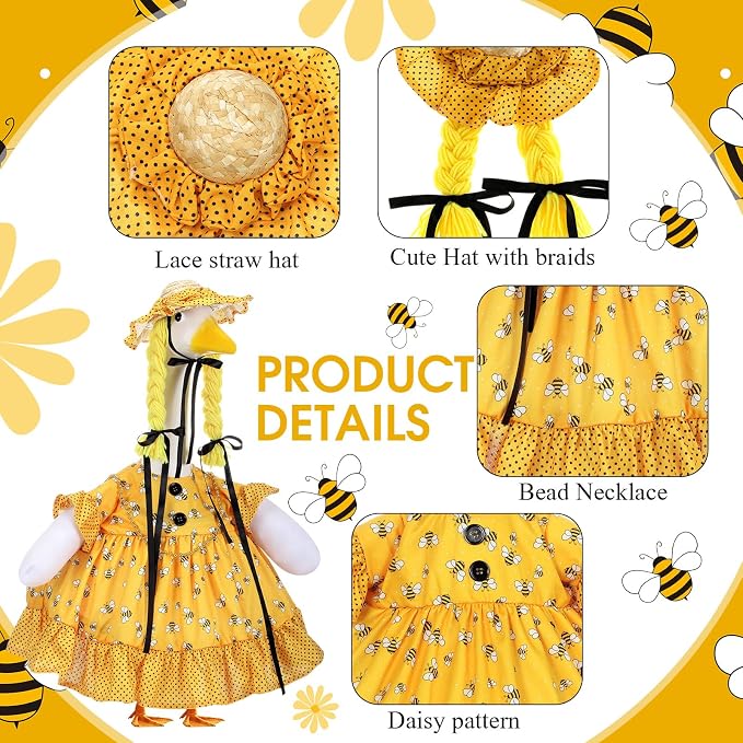 Spring Summer Yellow Bee Porch Goose Outfit for 23'' Goose Clothes Yellow Skirt with Hat for Spring Summer Outdoor Garden Yard Patio Lawn Decor(Bee)