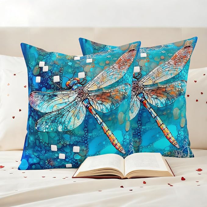Blue Dragonfly Outdoor Pillow Covers Set of 2 Country Vintage Watercolor Dragonfly Wings Waterproof Throw Pillow Cover Decorative Cushion Cases for Patio Porch Garden 20X20 Inch
