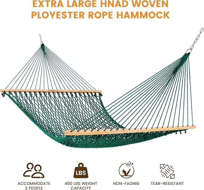 Lazy Daze Hammocks 13-FT Polyester Rope Hammock, Double 2 Person Traditional Hand Woven Outdoor Hammock with Spreader Bar, Carabiners, Tree Straps, Chains for Outside Patio- Max 450 Lbs, Green