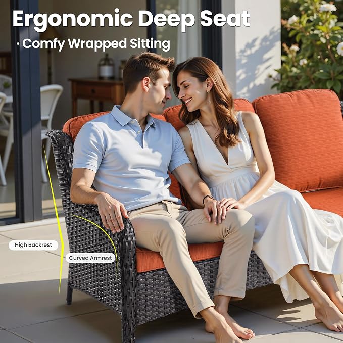 ovios 9-Piece Patio Furniture Set with Swivel Chairs Side Table, Outdoor Wicker Sofa with Comfy Cushions, High Back Couch Modern Conversation Sets, Brown/Orange Red