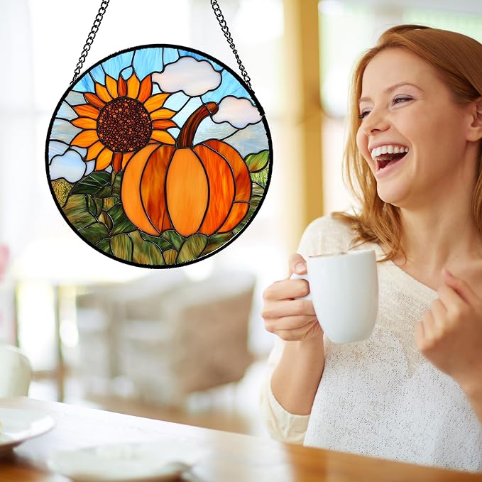 DASTOLL Stained Glass Window Hanging Fall Farm Scenery Sunflower Pumpkin Large 15" - Suncatcher Door Garden Kitchen Sunroom Sun Catcher Home Decor Birthday for Mom Grandma Men Woman