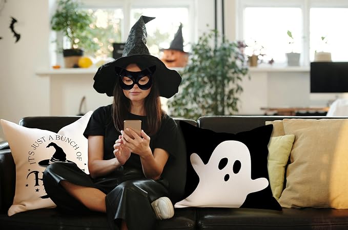 RABUSOFA Halloween Pillow Covers 20x20 Inch Halloween Decorations Outdoor | Waterproof Set of 4,Spooky Ghost Bat,Hocus Pocus Quote Decor,Black and White,Supplies Accessories for Home Couch Party