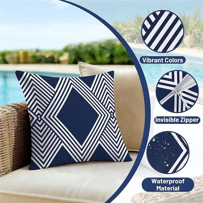 NIGHTWISH Outdoor Waterproof Pillow Covers 16x16 Set of 4 Navy Blue and White Modern Geometry Decorative Outdoor Throw Pillows Boho Cushion Cases for Patio Furniture Bench Couch Sunbrella