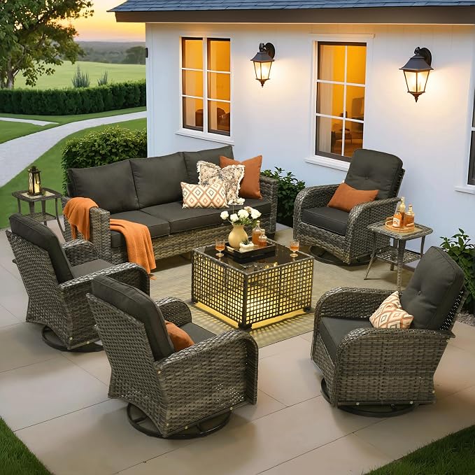 ovios 8 Pieces Patio Furniture Set, Outdoor Wicker Sofa Couch with Swivel Glider Chairs Solar Lights Table, Modern Deep Seat Rattan Conversation Sets for Deck Porch, Black