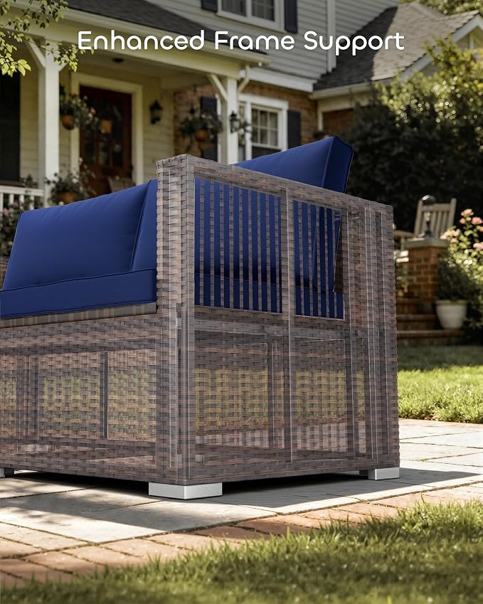 Skyfish Patio Furniture Set - Wide Armrests - All-Weather 5 Piece Outdoor Wicker Sectional Couch with Chaise Lounge,Couch Conversation Set, PE Rattan Sofa for Backyard Porch Poolside Brown/Navy Blue
