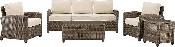 Crosley Furniture Bradenton 5-Piece Outdoor Sofa Patio Furniture Set, Wicker Conversation Sets for Porch, Brown with Sand Cushions