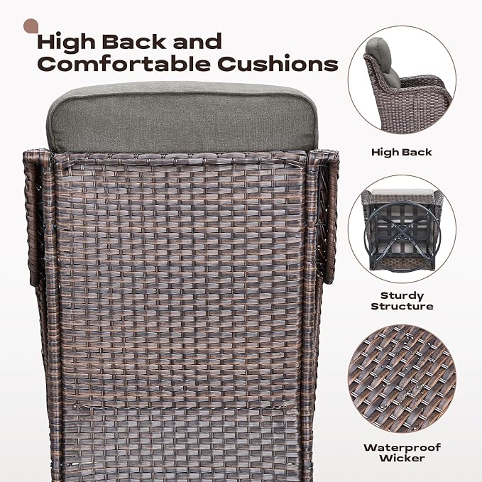 Rilyson Outdoor Swivel Rocker Chairs - All Weather Resistant Wicker Patio Furniture Set of 2 with High Back and 6 inch Thick Cushions for Deck Porch Yard and Poolside, Brown/Grey