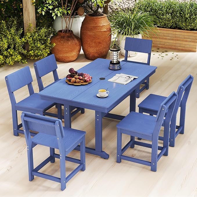 7-Piece HDPE Outdoor Dining Set, Weatherproof Patio Table and Chairs for 6, Outdoor Dining Table Set for Outside Deck Backyard Garden, Navy Blue