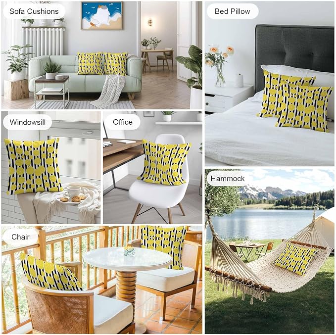 Vandarllin Outdoor Throw Pillows Covers 16x16 inch Set of 2 Waterproof Yellow Lemon Decorative Zippered Cushion Covers for Patio Furniture, Summer Fruit Black Stripes Lumbar Pillowcases