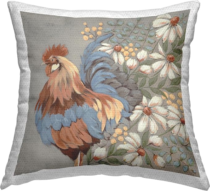 Stupell Industries | Rooster & Floral Daisies, 18 x 18 | Outdoor Pillow, Made in USA - By Michele Norman