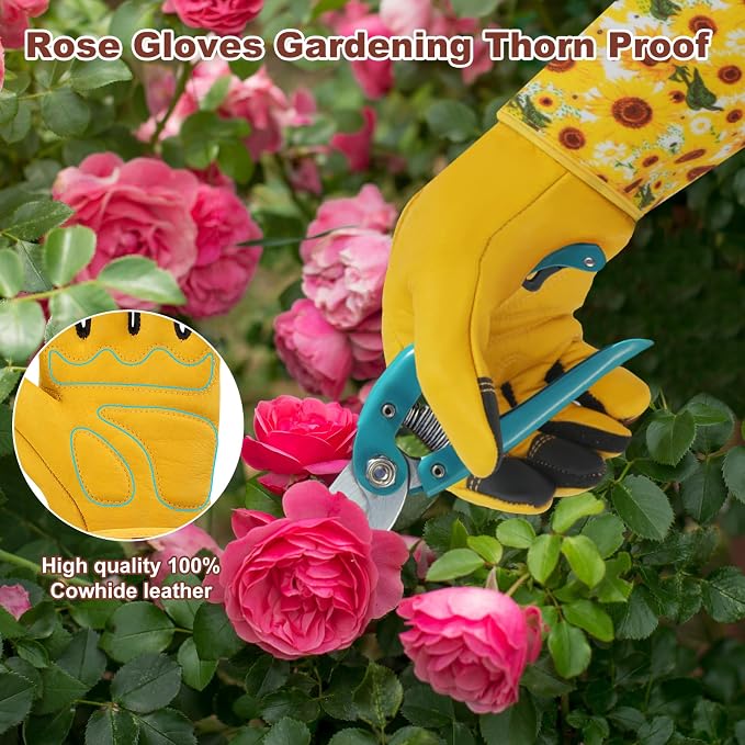 DLY Garden Gloves for Women,Gardening Gloves,Garden Gift for Lady,Yellow,M | Thornproof Cowhide Palm, Foam-Padded Grip, Long Yellow Sunflower Print Cuff, 3-Finger Touchscreen, Pruning,Weeding Yard Work