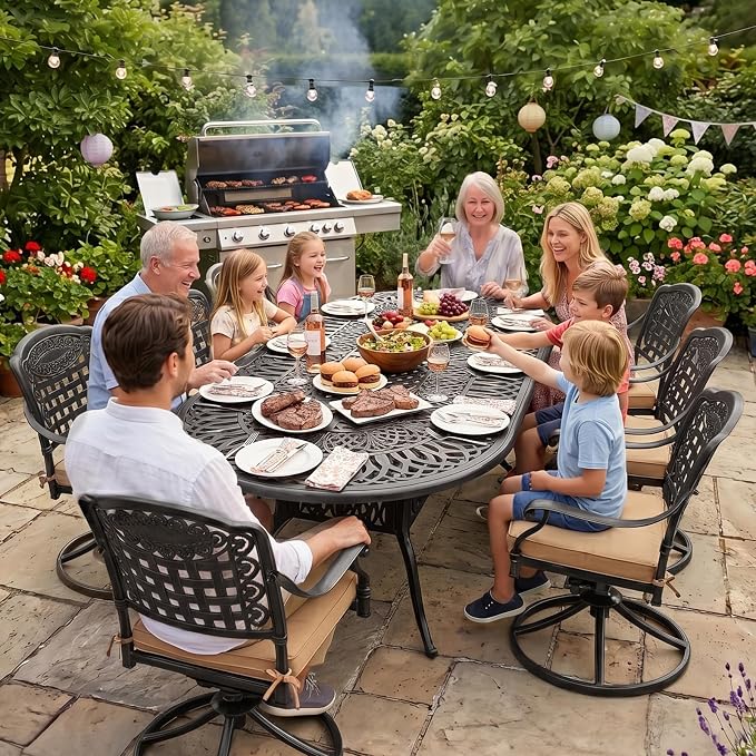 VIVIJASON 9-Piece Outdoor Patio Furniture Dining Set, All-Weather Cast Aluminum Conversation Set, Include 8 Swivel Dining Chairs and an Oval Table with Umbrella Hole for Lawn Garden Backyard